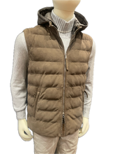 Load image into Gallery viewer, Suede gilet with removable padded sleeves and removable hood
