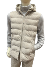 Load image into Gallery viewer, Suede gilet with removable padded sleeves and removable hood
