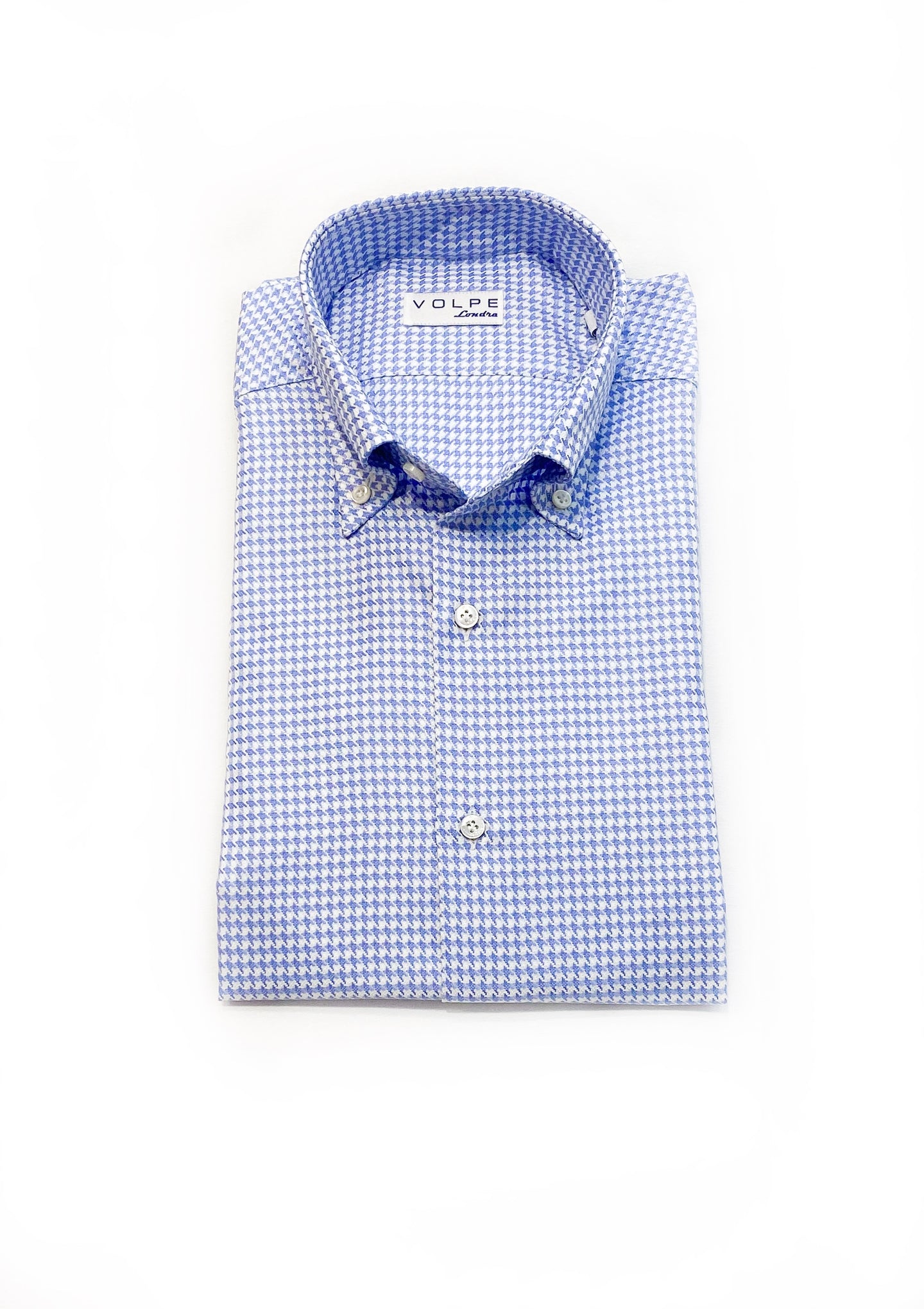 Button down pale blue houndstooth pattern shirt.